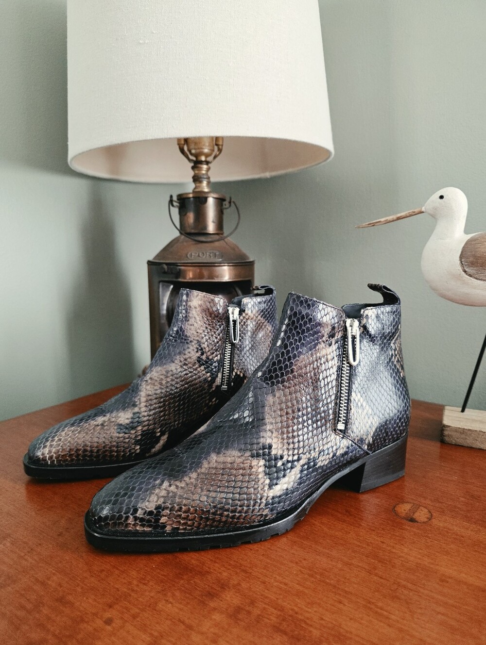 Aquatalia Fuoco Snake Embossed Leather Weatherproof Ankle Boots 7.5M NWOT